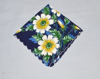 Vintage Handkerchief - Dark Blue Cotton with White Flowers, Floral Handkerchief, Daisy Handkerchief
