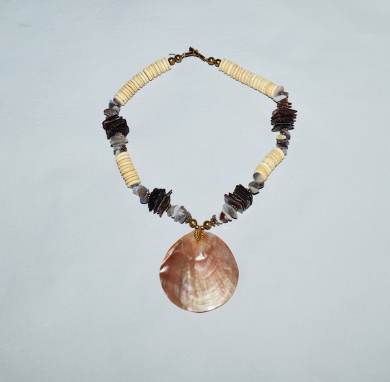 Vintage Necklace - Agate Beaded Necklace, Shell P… - image 1