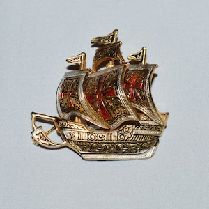 Vintage Brooch  - Spanish Galleon, Damascene Jewelry, Marked Spain, Gold and Red