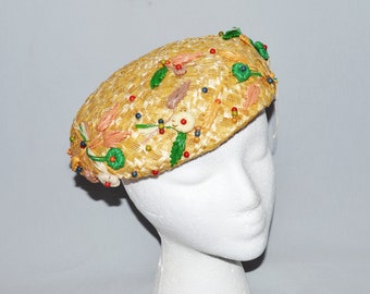 Vintage Ladies&#39; Hat - Beachurst, Flat Straw Hat with Small Plastic Flowers, 1930s