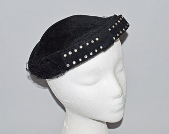 Vintage Ladies' Hat - Black Velour Juliet Cap with Veil and Rhinestone Brim, 1950s