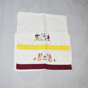 Vintage Tea Towels - Lot of 2, White Linen, Holland Souvenirs, Embroidered Scenes, Yellow and Burgundy Borders