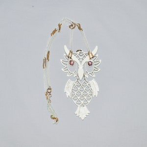 Vintage Necklace - 1970s Owl Necklace, White Enamel over Metal, Articulated