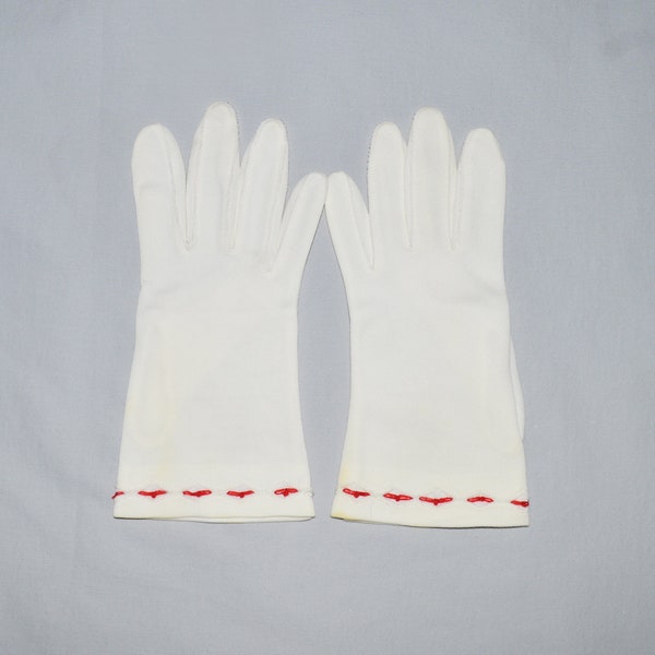 Vintage Ladies' Gloves - Fownes, White with Red Trim, Short Wrist, size 6.5 - 7