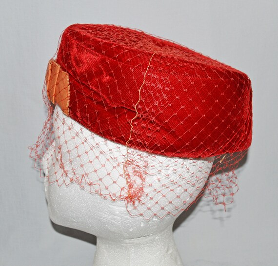 Vintage Pillbox Hat 1960s, Red Velvet with Veil and… Gem
