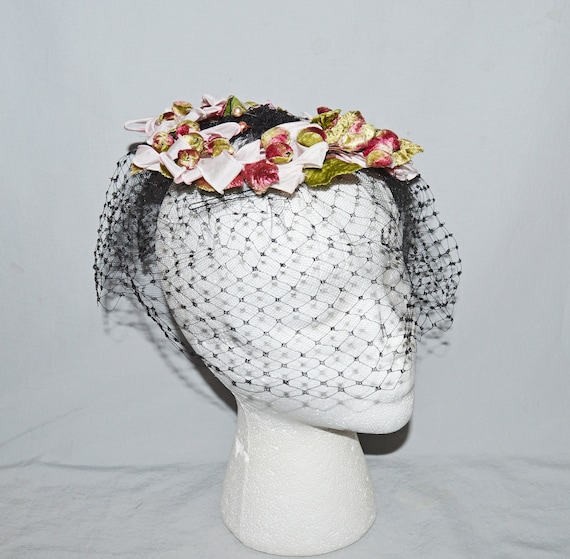 Vintage Veil - Black Birdcage Veil With Pink Ribbon and Pink  display picture 3