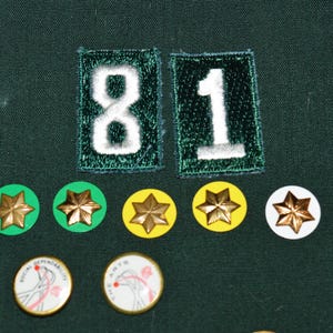 May include: A green fabric patch with the number "81" embroidered in white. There are five gold star-shaped badges on a green, yellow, and white background.