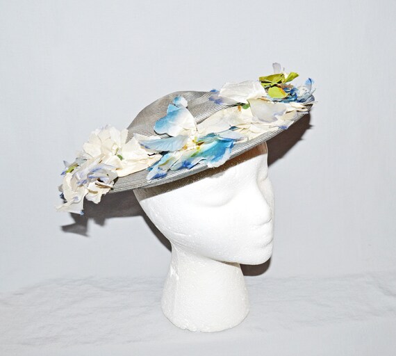 Vintage Sun Hat - Light Blue Faux Straw with Flowers, "Elizabeth - French Room," 1950s