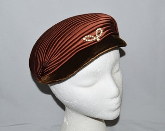 Vintage Hat - 1940s, Turban-Style Hat with Rich Brown Satin Pleats and Dark Brown Velvet Trim