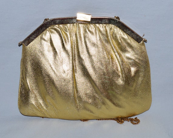 Vintage Evening Bag - Frame Purse, Gold Lame with… - image 2