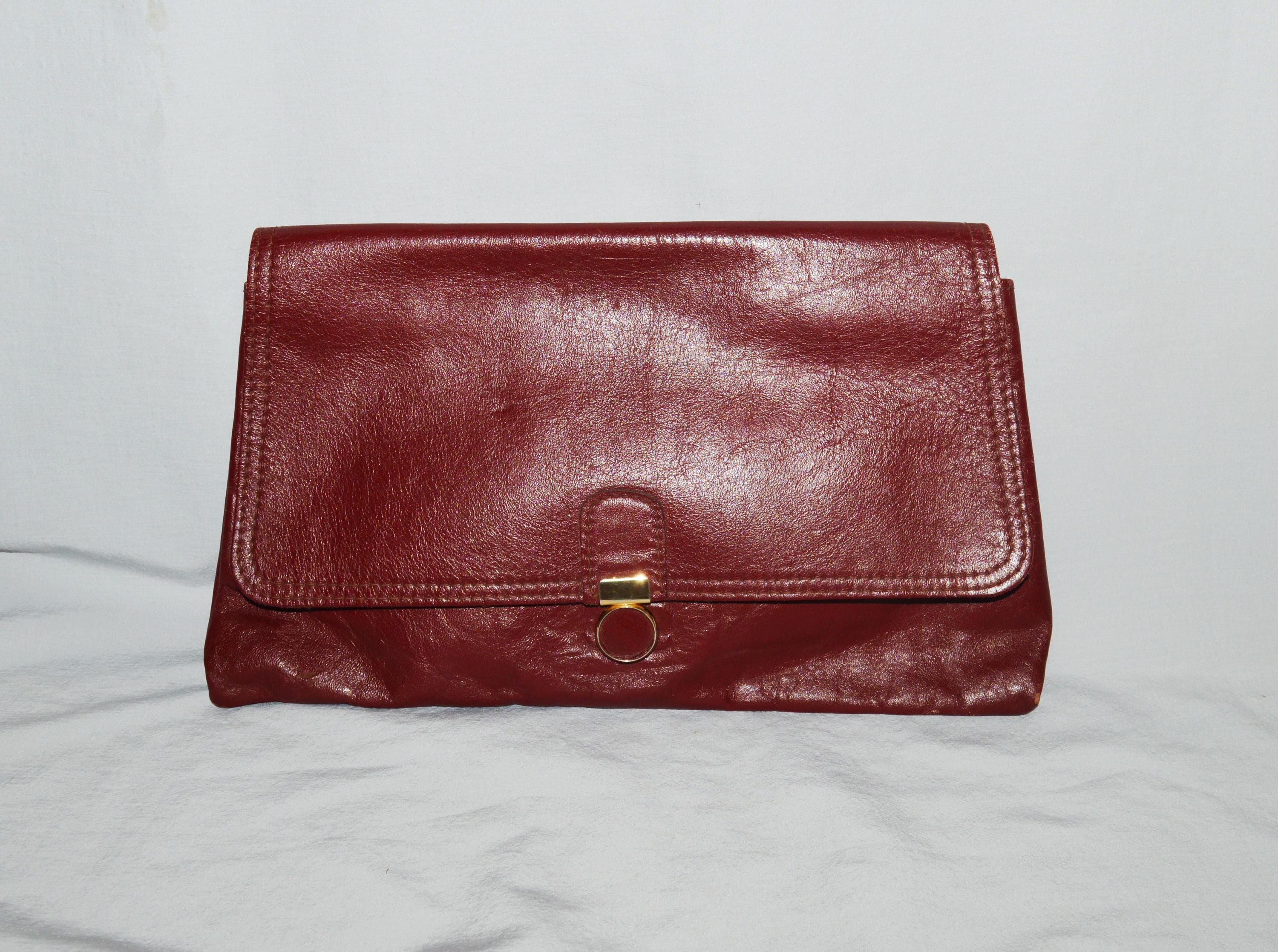 Vintage Handbag or Clutch - Deep Red Leather, Suede Lining, Davey's Worcester MA, 1980s, Large Clutch
