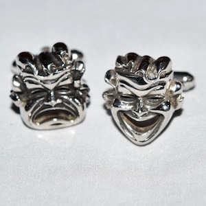 Vintage Cufflinks - Theatre Masks, Comedy and Tragedy Masks, Hickok USA, Silver Tone Metal