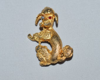 Vintage Brooch or Lapel Pin - Gold Tone Poodle, 1960s, with Faux Garnet Eyes