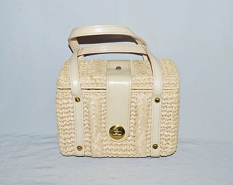 Vintage Handbag or Box Purse - Gaymode, 1950s or 60s, Cream Raffia with Faux Leather Trim and Handles