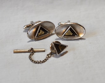 Vintage Cuff Links and Tie Pin Set - Swank, 1960s, Silver Ovals with Black Triangle Insets, Midcentury Cufflinks