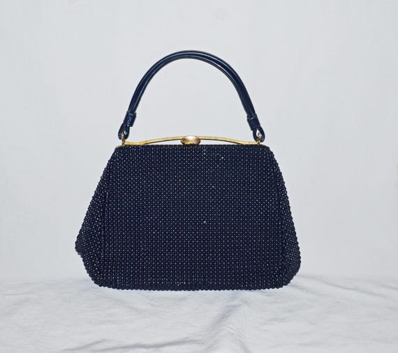 Vintage Handbag - 1960s, Navy Blue Beaded Handbag with Frame, Garay