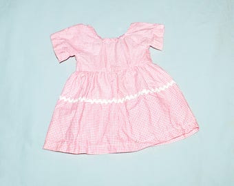 Vintage Baby or Doll Dress - Pink Gingham with White Trim, Handmade