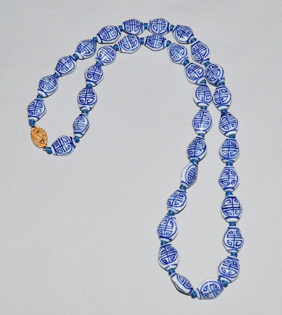 Vintage Necklace - Chinese Porcelain Beads, Blue … - image 2