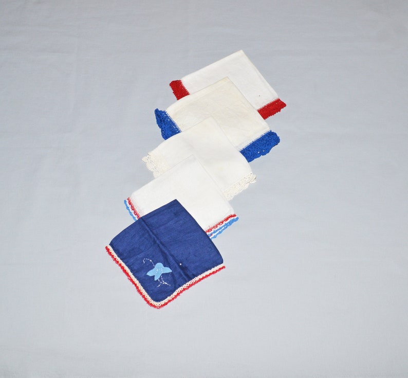 1950s and 1960s Lot of 5 White and Blue Linen and Cotton Crochet Edges Vintage Handkerchiefs