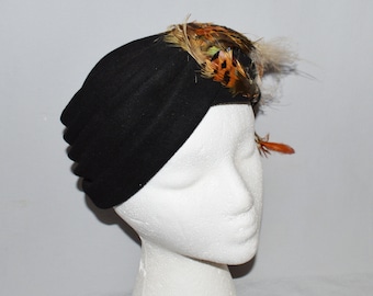 Vintage Hat - Bernice Charles, 1940s, Black Wool Felt, Turban-Style Hat with Feathers