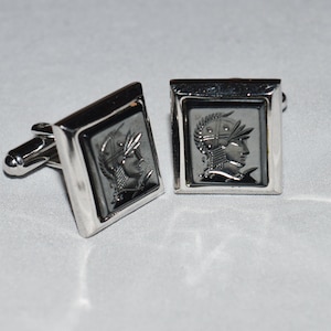 Vintage Cufflinks - Hickok USA, Silver Tone Metal with Hematite, Roman Soldier Intaglios, 1960s