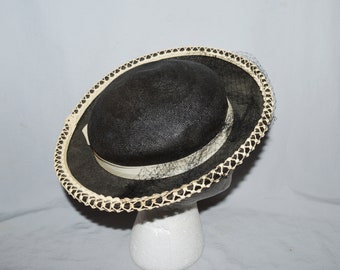 Vintage Hat - 1950s or 1960s, Cathay of California, Black Straw Boater-Style Hat with White Trim