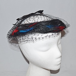 Vintage Black Veil with Black Velvet Ribbon and Black Feathers, 1960s