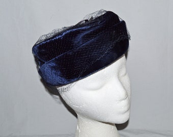 Vintage Pillbox Hat - 1960s, Dark Blue or Midnight Blue Velvet with Matching Veil