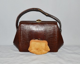 Vintage Handbag - 1960s, Dark Brown Lizard with Tan Leather Interior and Coin Purse