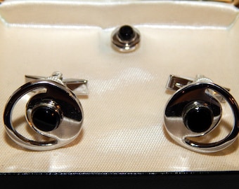 Vintage Cufflinks and Tie Tack Set - Towncraft, Silver and Black, 1950s or 60s