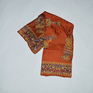 Vintage Scarf - Paoli, 1980s, Dark Brown Polyester with India Theme and Vases in Tan, Red, Blue