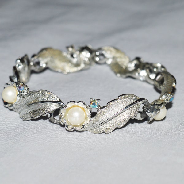 Vintage Bracelet - Judy Lee, 1960s, Silver Tone Metal with Faux Pearls and Rhinestones