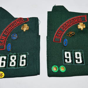 May include: Two green fabric patches with red embroidered text "SAN GORGONIO" and white numbers. The left patch has the number "686" and the right patch has the number "99".