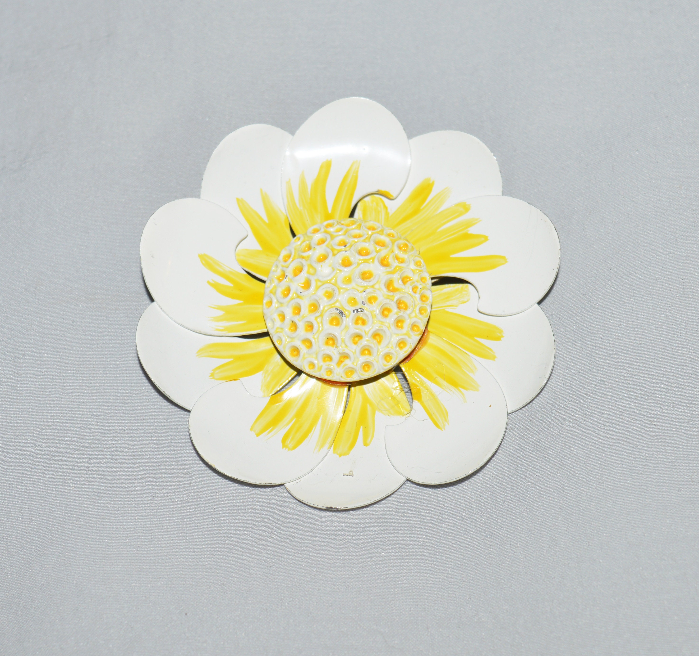 Vintage Brooch - 1960s Flower Brooch, White Enamel with Yellow Accents