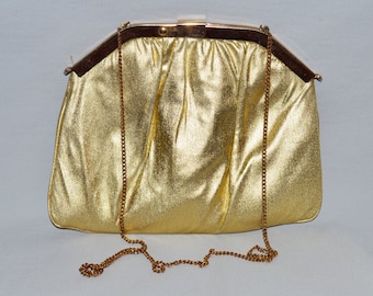 Vintage Evening Bag - Frame Purse, Gold Lame with Gold-Tone Hardware, 1960s, HL USA