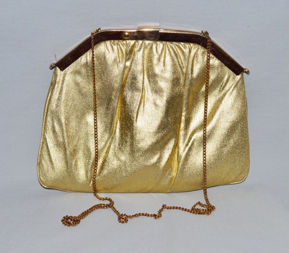 Vintage Evening Bag - Frame Purse, Gold Lame with… - image 1