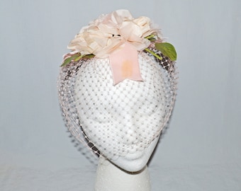Vintage Veil with Flowers - 1960s Pink Birdcage Veil with Pink Roses and Pink Velvet Ribbon Trim