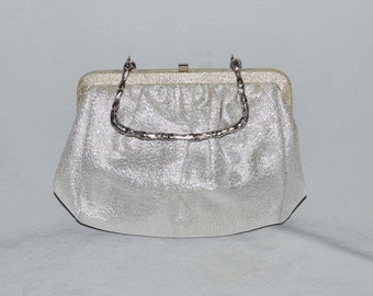 Vintage Evening Bag - 1960s, Silver Metallic with Silver-Tone Handle, Original Coin Purse