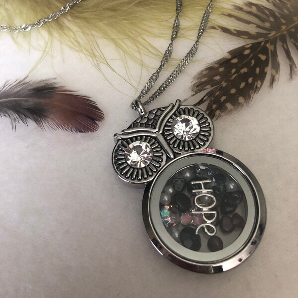 Big Eye Owl Rhinestone Locket Chain Necklace - Garnet Chip - Glass Locket