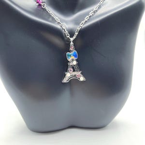 Embellished Eiffel Tower Chain Necklace - Swarovski Elements - Silver Plated