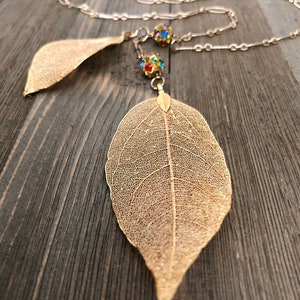 Filigree Metal Gold Leaves Chain Necklace - Gold Plated - Multi-color Rhinestone - Gold Plated Chain