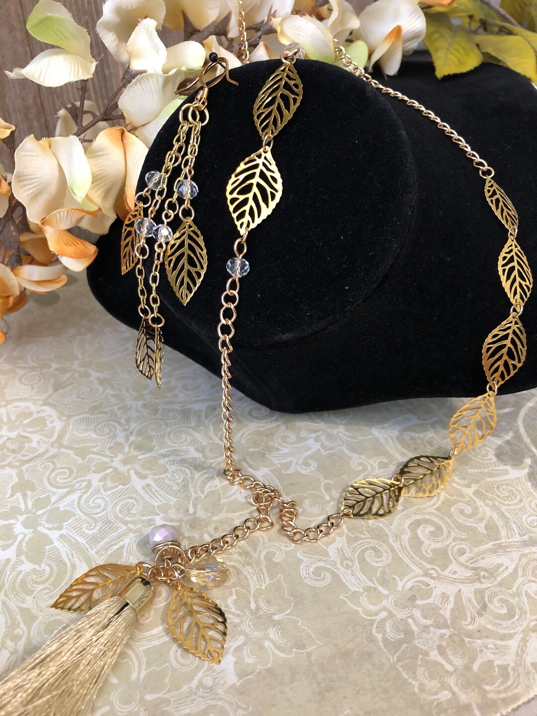 Delicate Leaves Chain Set With Tassel - Gold Plated Chain - Dangle ...
