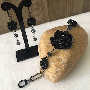 Black Rose Bracelet Set - Vintage Rose Bracelet  - Double Faceted Crystal -