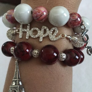 Embellished Silver Link and Bulky Bead Bracelet - Bracelet Set - Charm Bracelet - Bulky Jewelry - Stretch Cord Bracelet