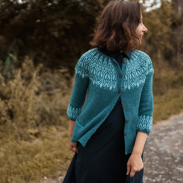 PATTERN - Evelin Cardigan - brioche crochet pattern - circled round yoke - top down seamless cardigan - instant download