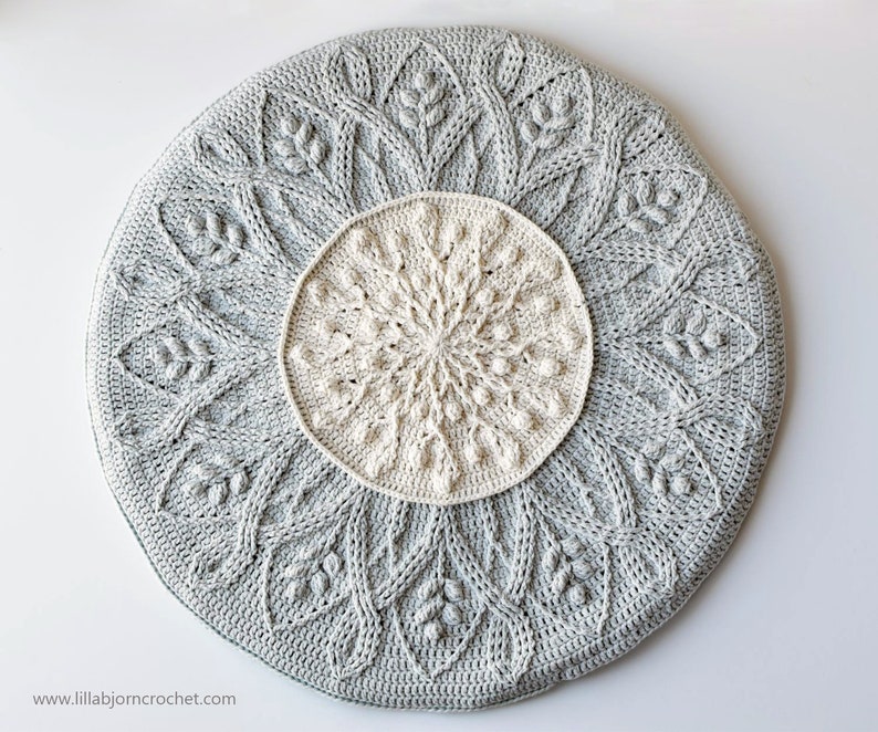 PATTERN: Sakura cabled crochet mandala round pillow overlay crochet cables with pompoms image 4