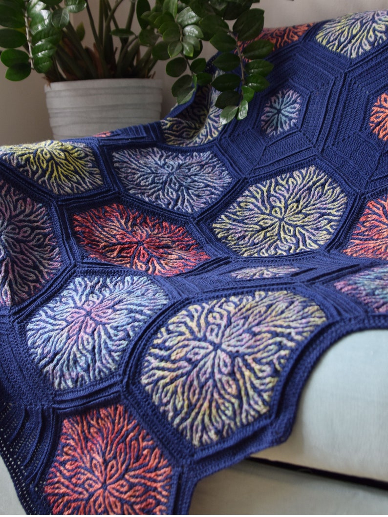 PATTERN Coral Story Blanket brioche crochet pattern hexagon motifs instant download Bild 3