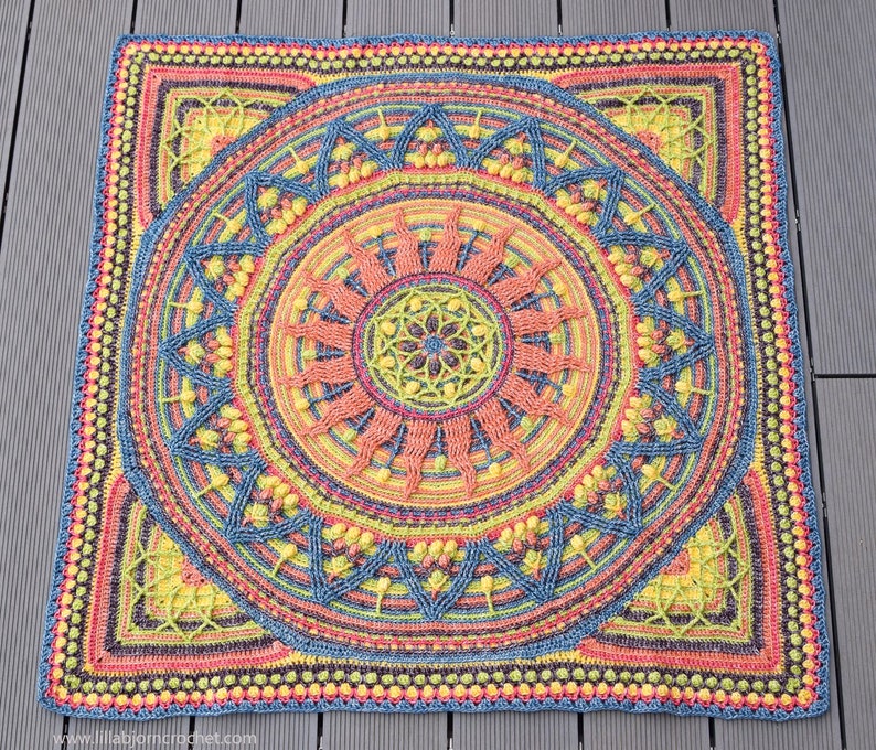 PATTERN Sunny Border Mandala in Square overlay crochet textured square blanket wall hanging meditation image 1