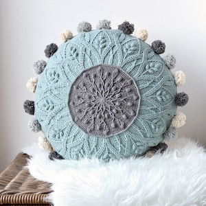 PATTERN: Sakura cabled crochet mandala - round pillow - overlay crochet - cables - with pompoms