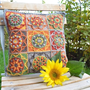 PATTERN Sunflower Crochet Pillow - Granny Square cushion - overlay crochet PDF - instant download